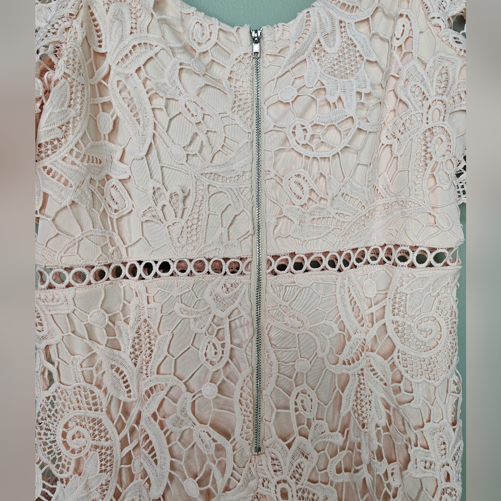 Lulus Briarwood Blush Pink Lace Short-Sleeve Trumpet Hem Ruffled Midi Dress - Picture 12 of 17